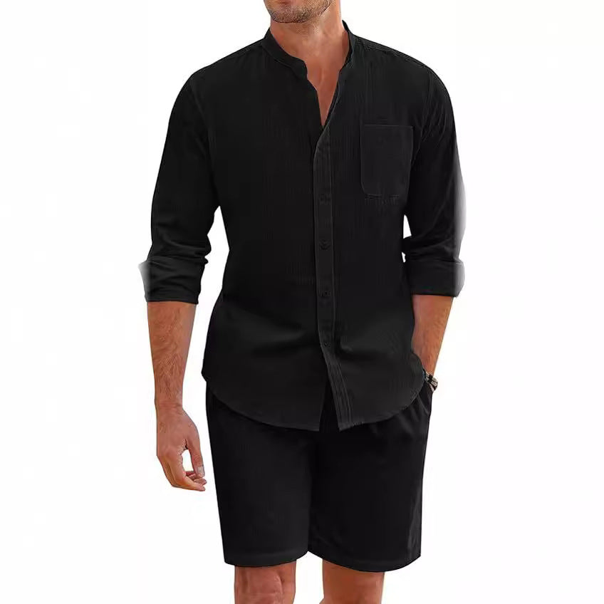 Men's Summer Two-piece Polyester Button Shirt Long Sleeve Shorts