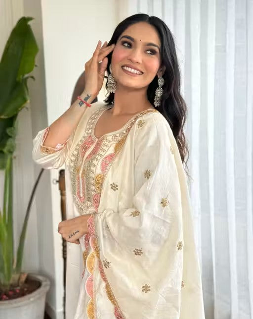 New Desiner Embrodred Latest Fashion Cream Color Kurti With Bottom Or Dupatta Set