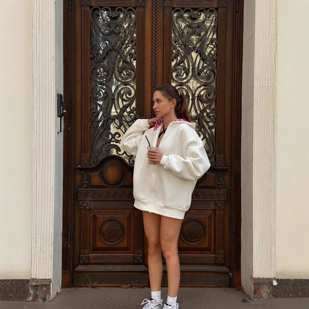 Boyfriend-style Oversize Lip Print Hooded Sweatshirt For Women