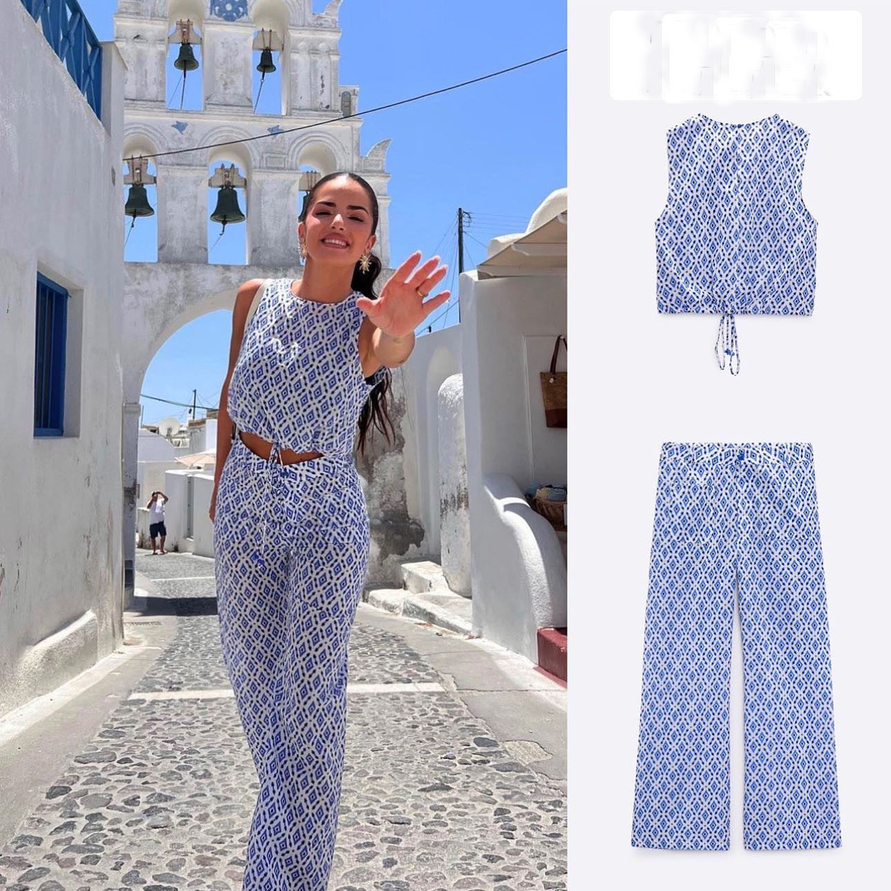 Women's Fashion Graceful Bow Decorative Printed Top Pants