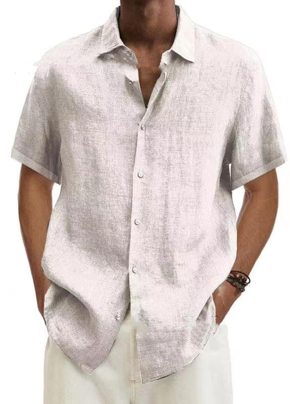 V-neck Button Cotton And Linen Solid Color Men's Trendy Shirt