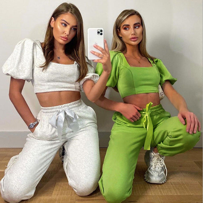 Lantern sleeve with square collar navel crop set