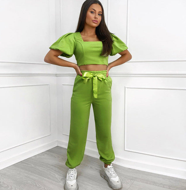 Lantern sleeve with square collar navel crop set