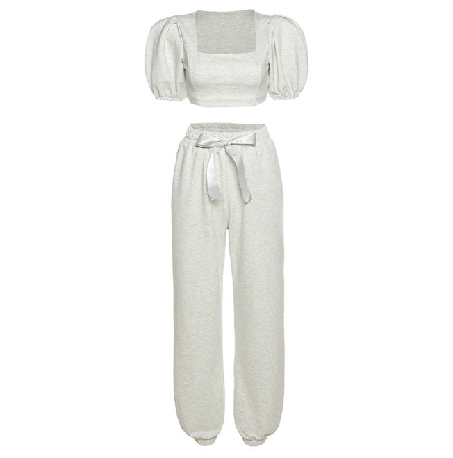 Lantern sleeve with square collar navel crop set