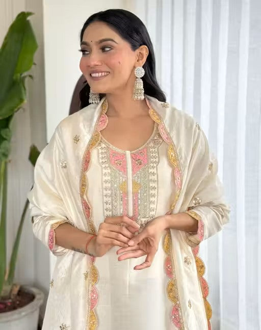 New Desiner Embrodred Latest Fashion Cream Color Kurti With Bottom Or Dupatta Set