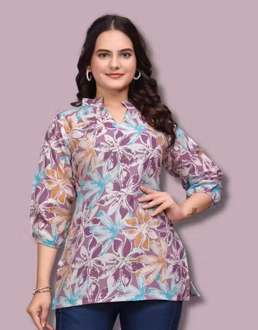 ZELZIS Casual Purple Cotton Tunic – Round Neck &amp; 3/4 Sleeves