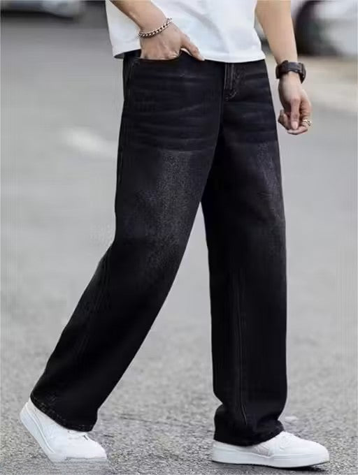 MENS BAGGY WHISKER BLACK PURE DENIM JEANS