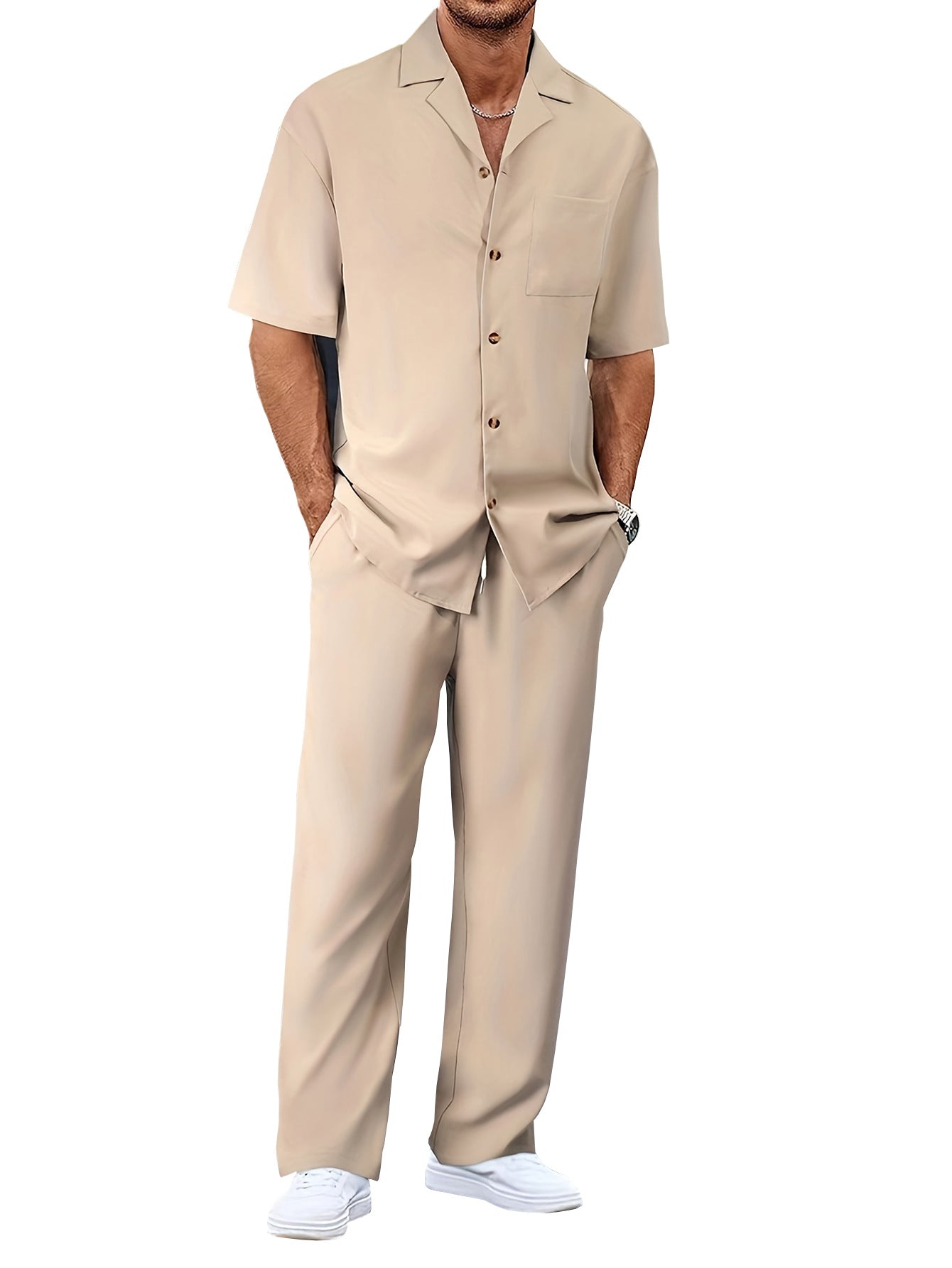 Men's Trousers Suit Fashion Lapel Button Short Sleeve Shirt And Pocket Straight Pants Clothing