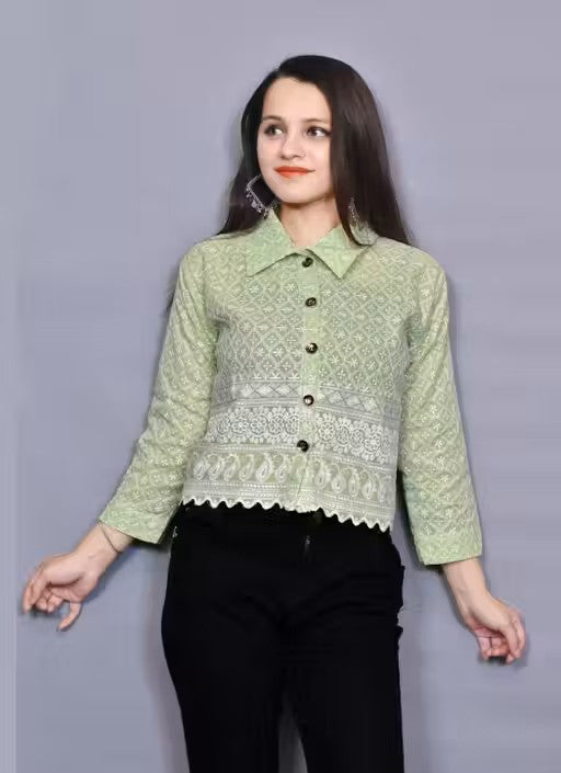 Women Cotton Chikankari Embroidery Work Jacket Shirt