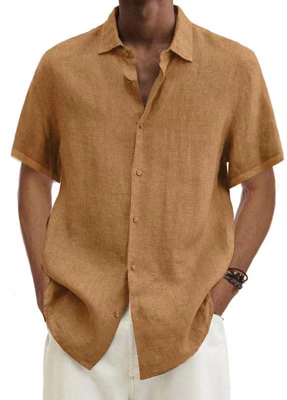 V-neck Button Cotton And Linen Solid Color Men's Trendy Shirt