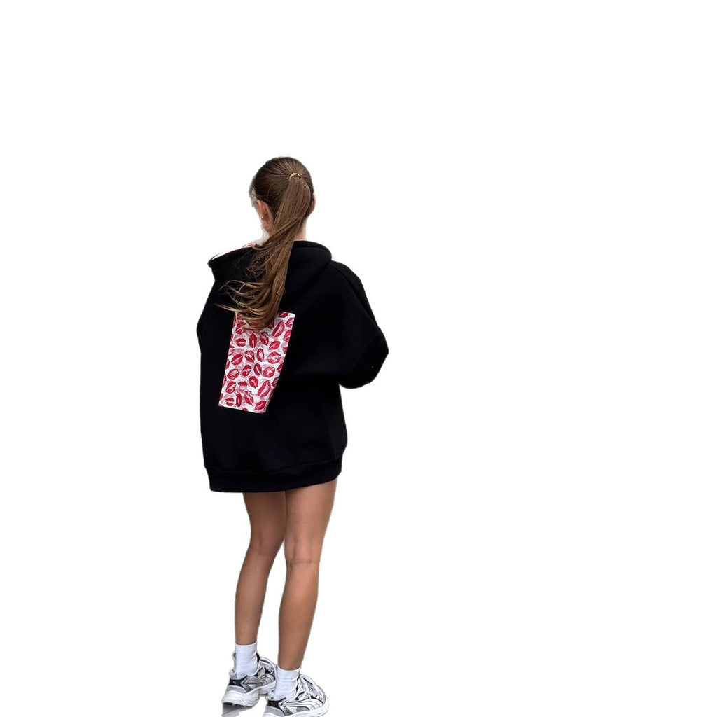 Boyfriend-style Oversize Lip Print Hooded Sweatshirt For Women