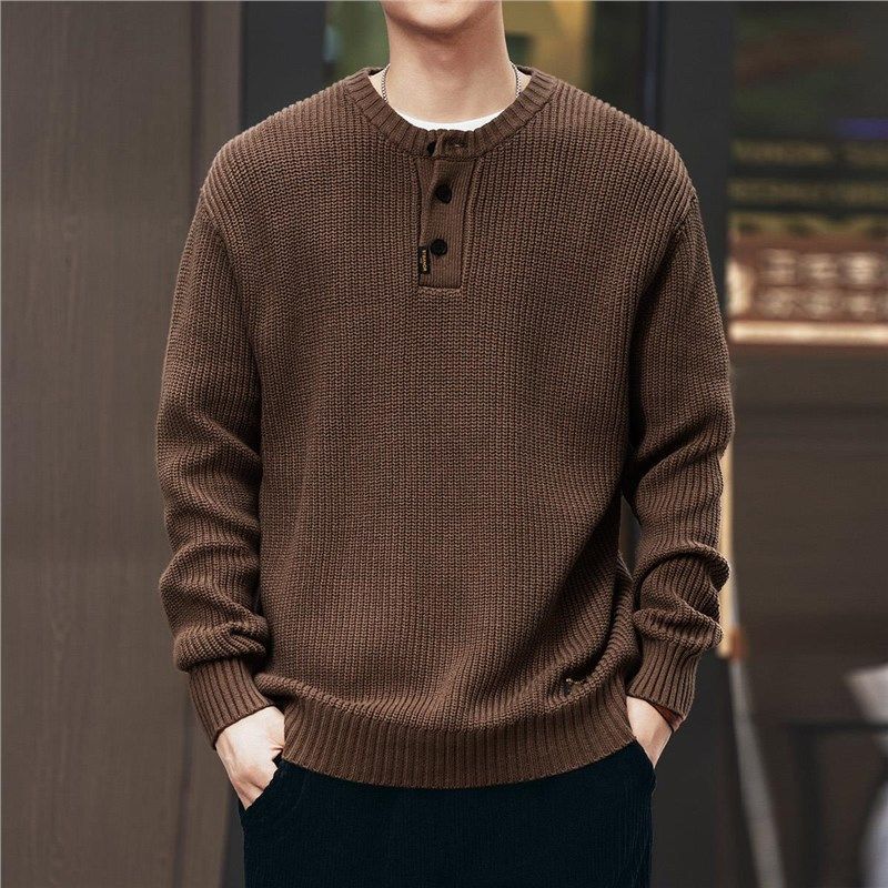 Vintage-style, Relaxed-fit, Thickened Vertical-striped Workwear Pullover Sweater