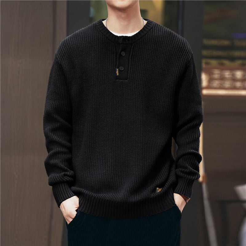 Vintage-style, Relaxed-fit, Thickened Vertical-striped Workwear Pullover Sweater