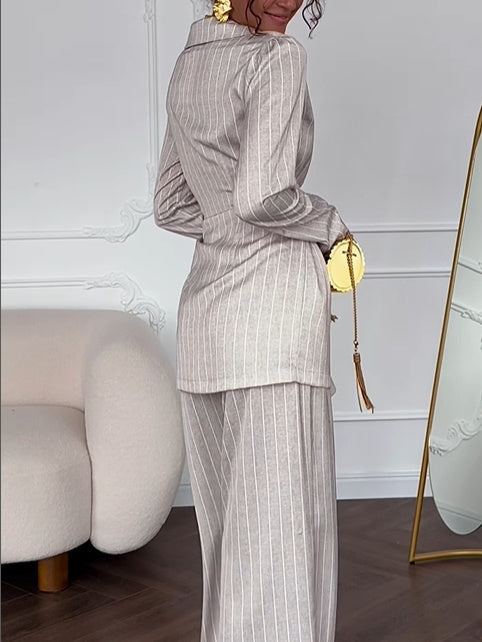 Striped Waist-tie Blazer & Pants Set
