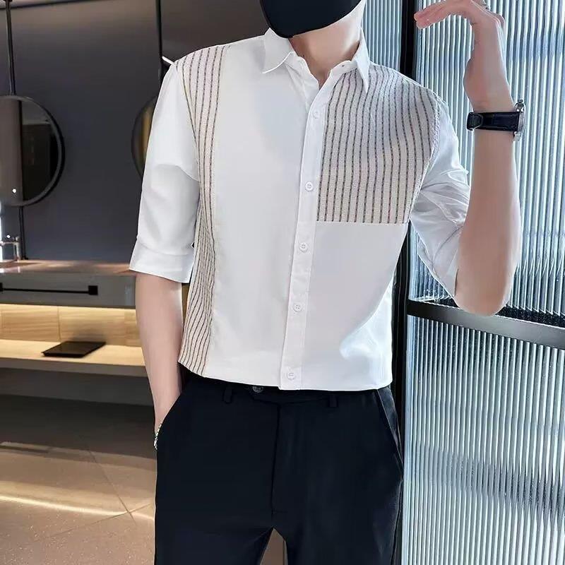 Casual Edgy And Slim-fit Mens Patchwork Striped Shirt