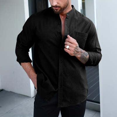 Men's Summer Two-piece Polyester Button Shirt Long Sleeve Shorts