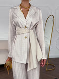 Striped Waist-tie Blazer & Pants Set
