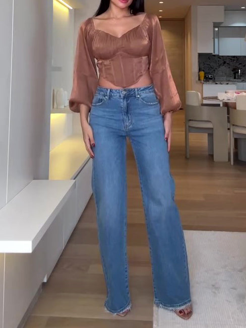 Glitter Long Sleeve Lace Up Crop Shirt