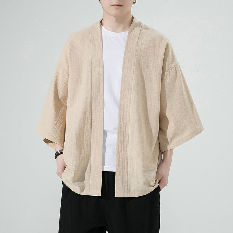 Mens Cotton-Linen Cardigan With Three-Quarter Sleeves