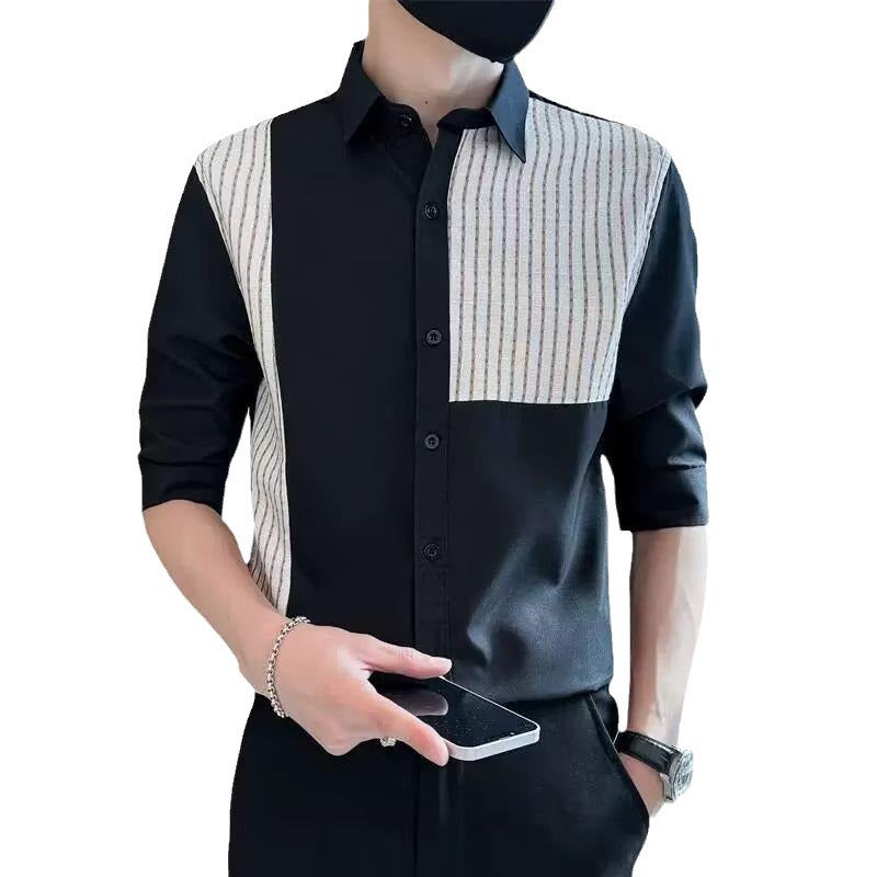 Casual Edgy And Slim-fit Mens Patchwork Striped Shirt