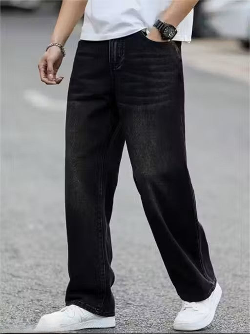 MENS BAGGY WHISKER BLACK PURE DENIM JEANS