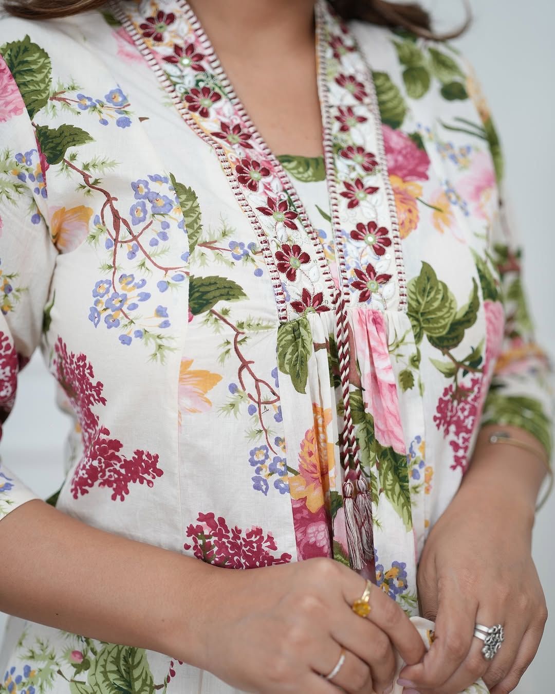 Pure Cotton embroidery print kurti with pant and mulmul printed dupatta