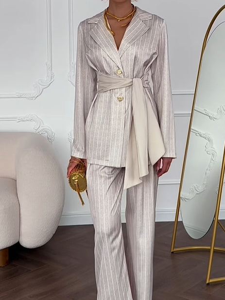 Striped Waist-tie Blazer & Pants Set