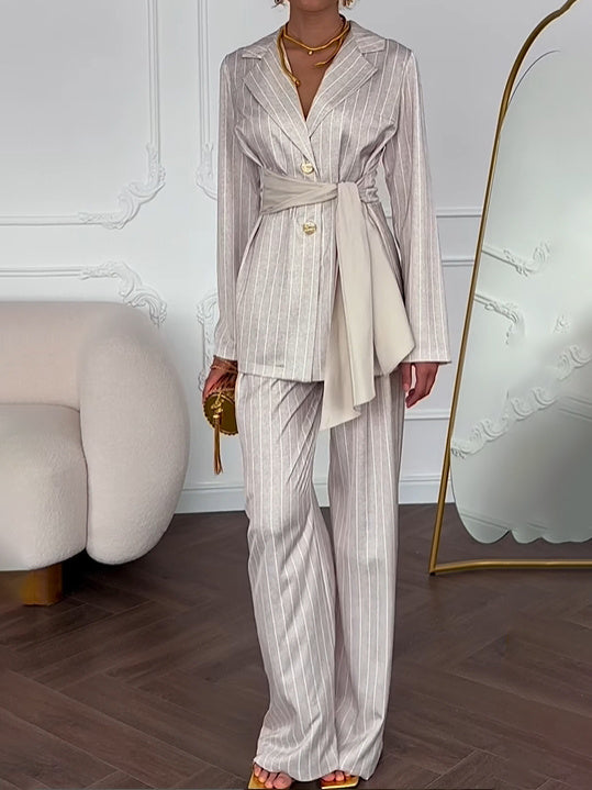 Striped Waist-tie Blazer & Pants Set
