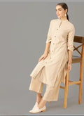 Women Beige Cotton Striped Kurta With Palazzos