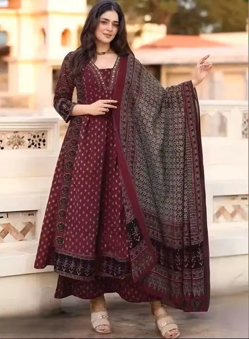 Printed Anarkali Kurta and Palazzo Set with Dupatta Velvark.com