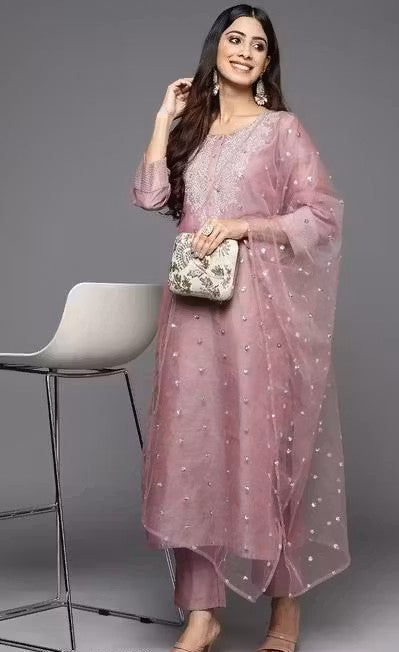 Pink Color Women Kurta Pant Dupatta Set