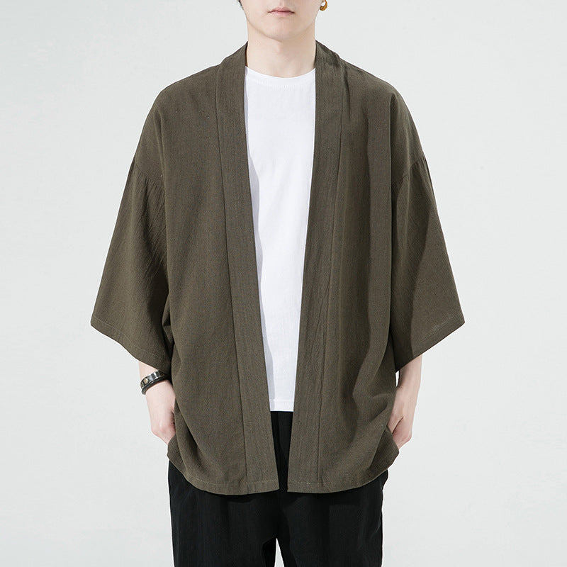 Mens Cotton-Linen Cardigan With Three-Quarter Sleeves