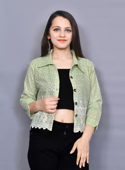 Women Cotton Chikankari Embroidery Work Jacket Shirt