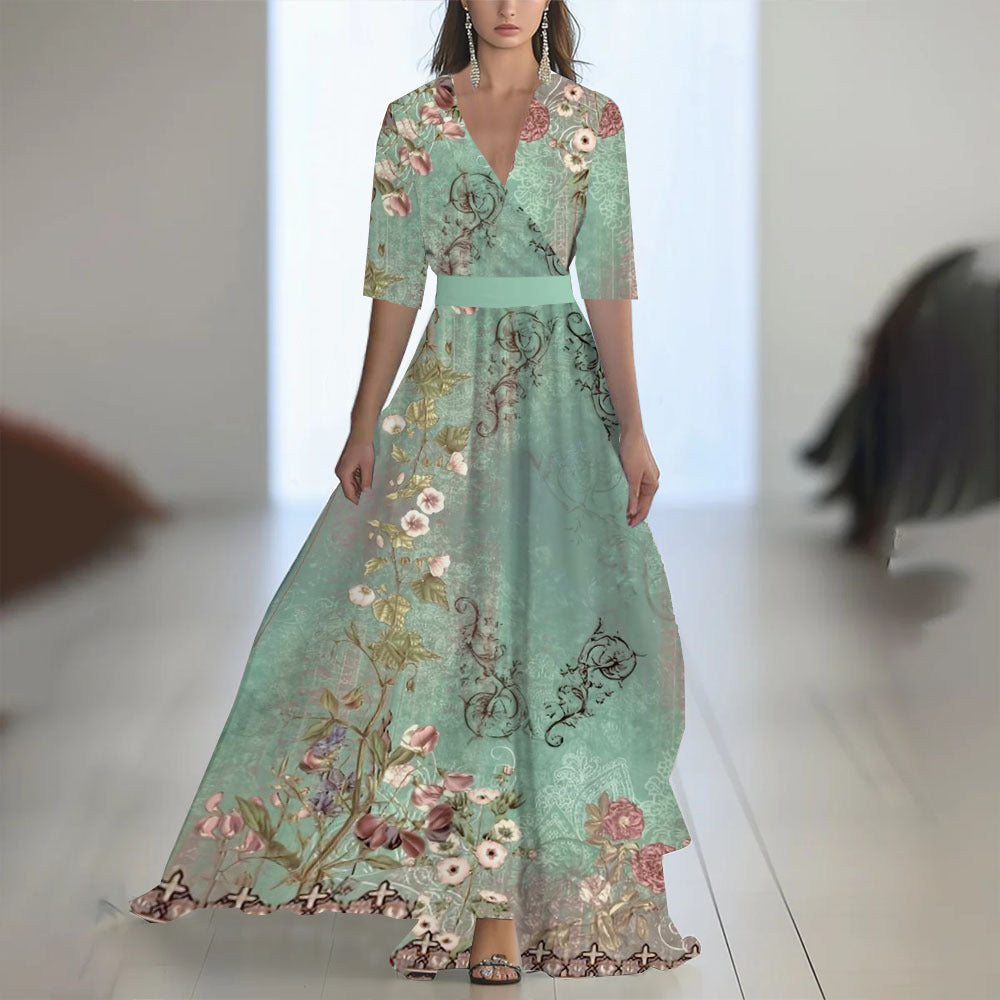 Printed Long Sleeved V-neck Patchwork Dress