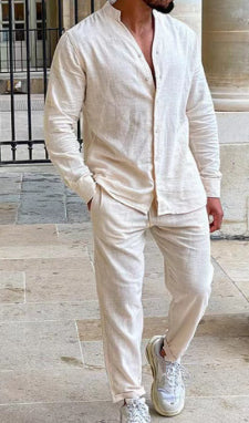 Men's Linen Solid Color Lounge Suit Long Sleeves