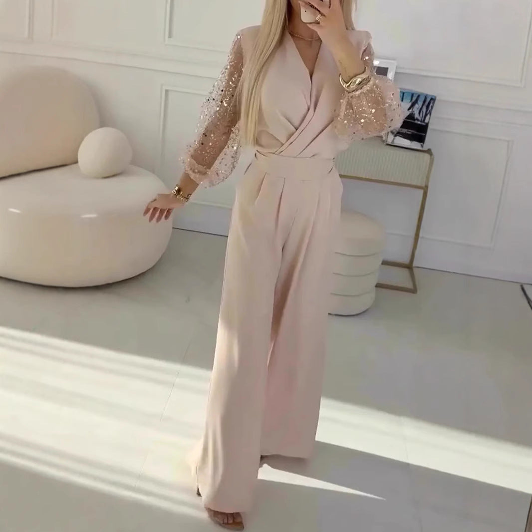 Sequined Top Wide Leg Pants Casual Suit Women
