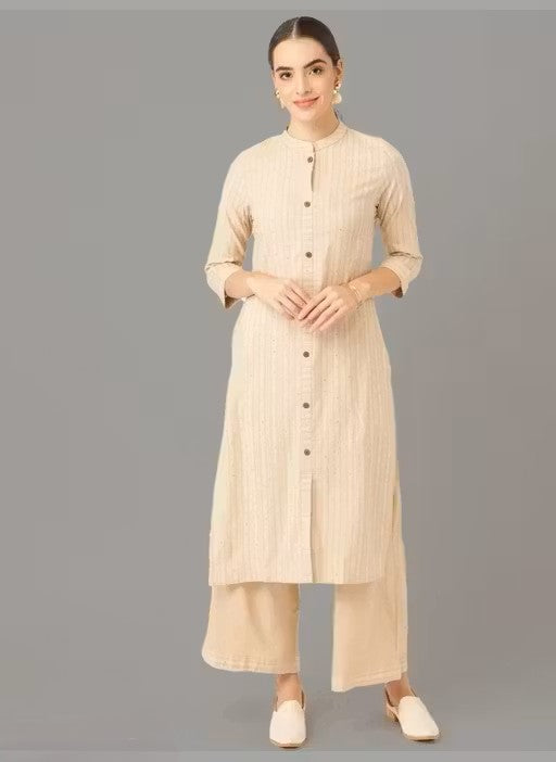 Women Beige Cotton Striped Kurta With Palazzos