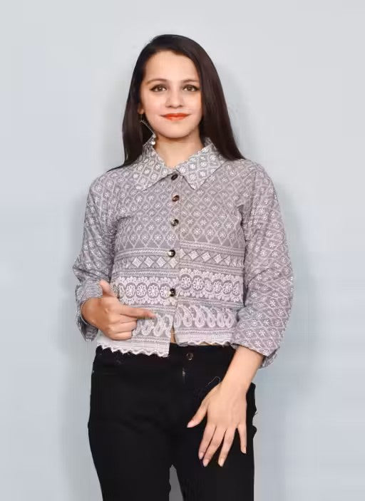 Women Cotton Chikankari Embroidery Work Jacket Shirt