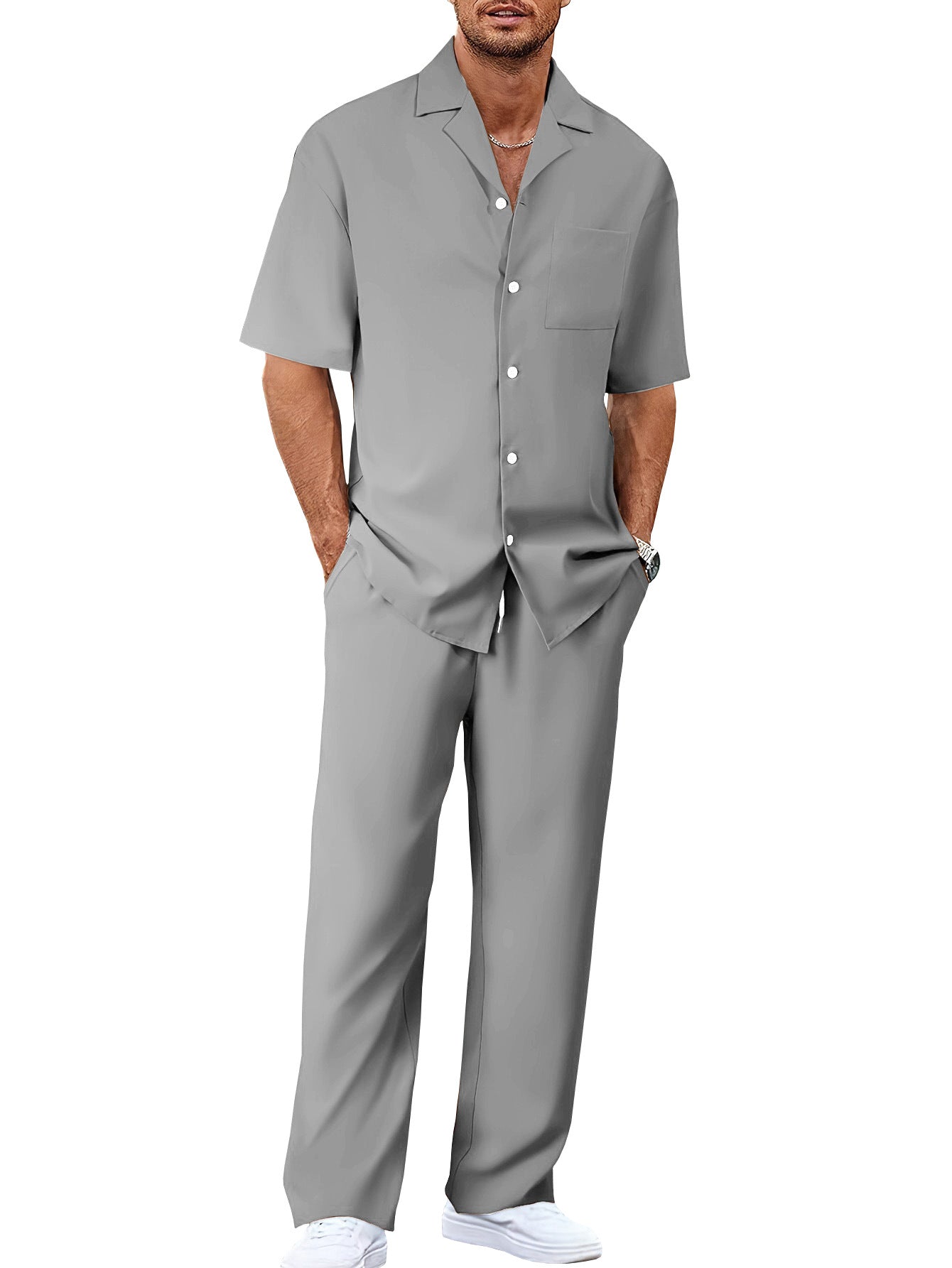 Men's Trousers Suit Fashion Lapel Button Short Sleeve Shirt And Pocket Straight Pants Clothing