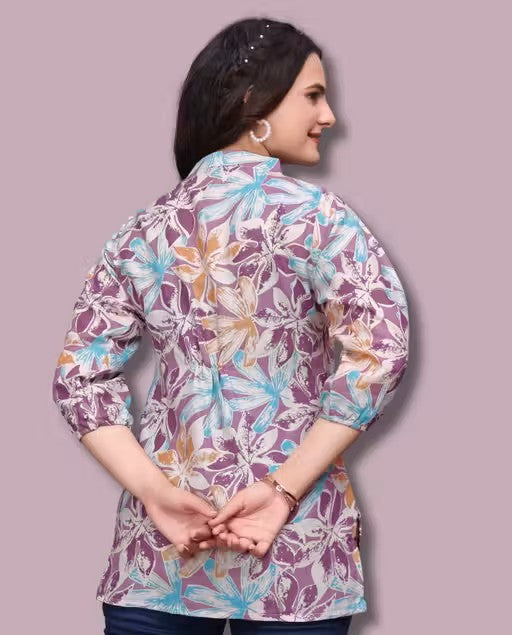 ZELZIS Casual Purple Cotton Tunic – Round Neck &amp; 3/4 Sleeves