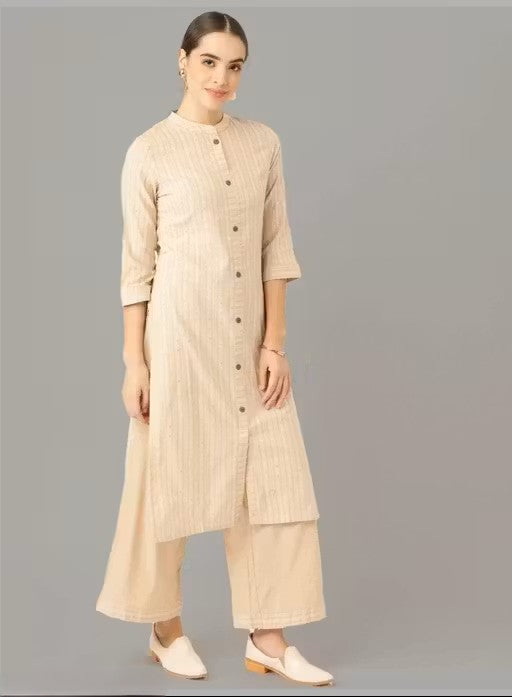 Women Beige Cotton Striped Kurta With Palazzos