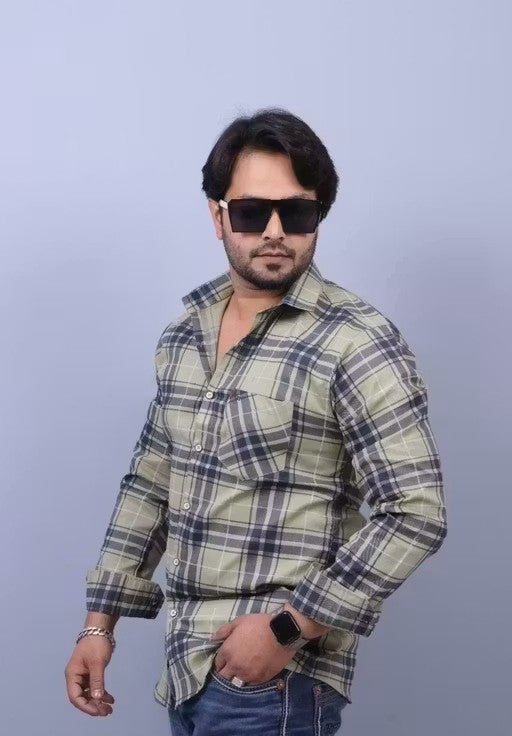 Stylish Checked Casual Cotton Mehandi Shirt