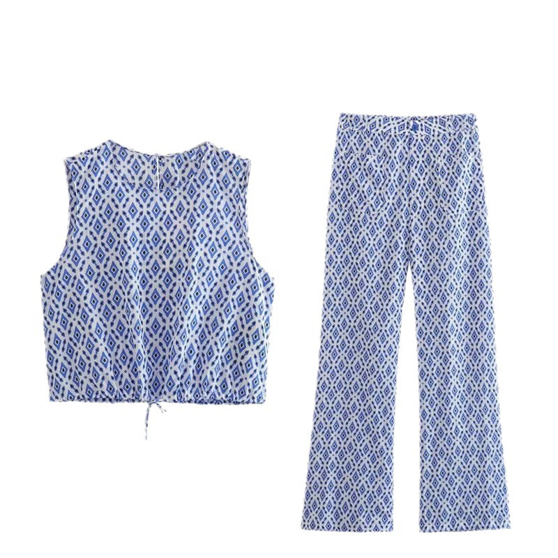 Women's Fashion Graceful Bow Decorative Printed Top Pants