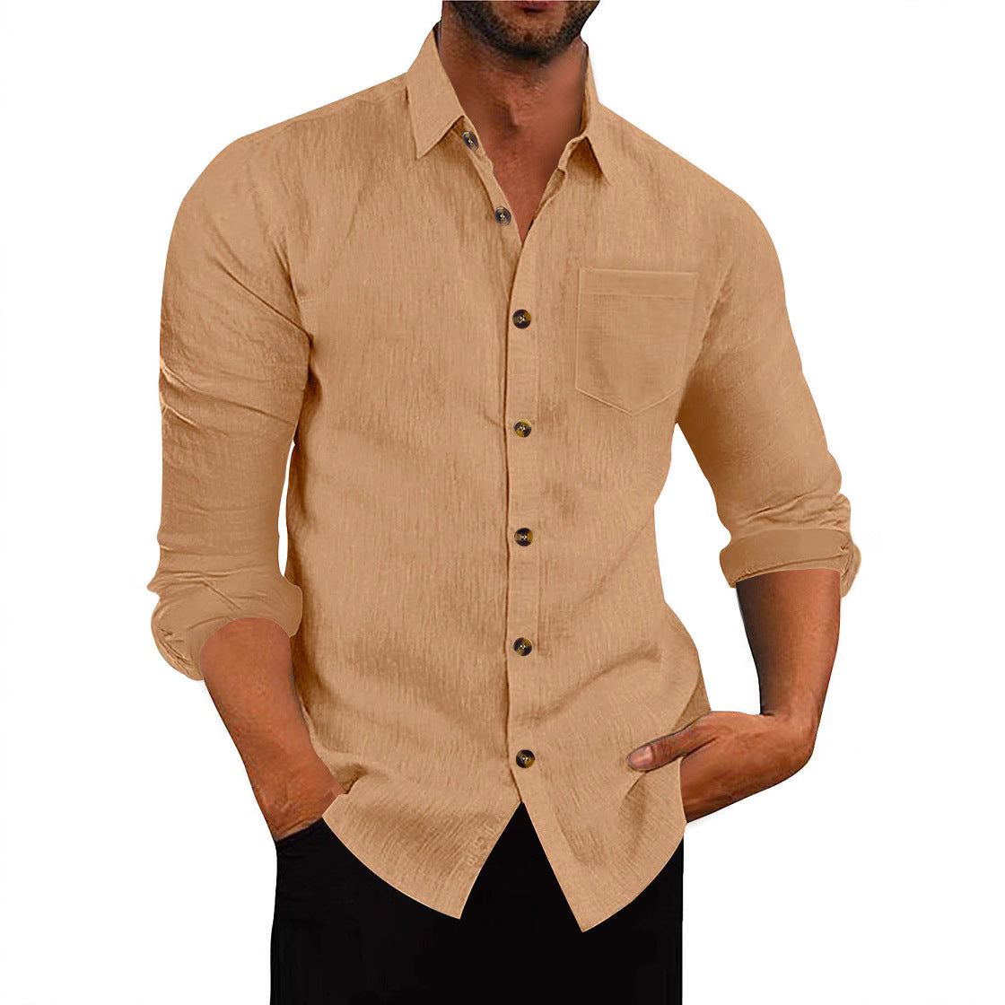 Men's Polo Collar Solid Color Long Sleeve Shirt Linen Loose Casual Cardigan