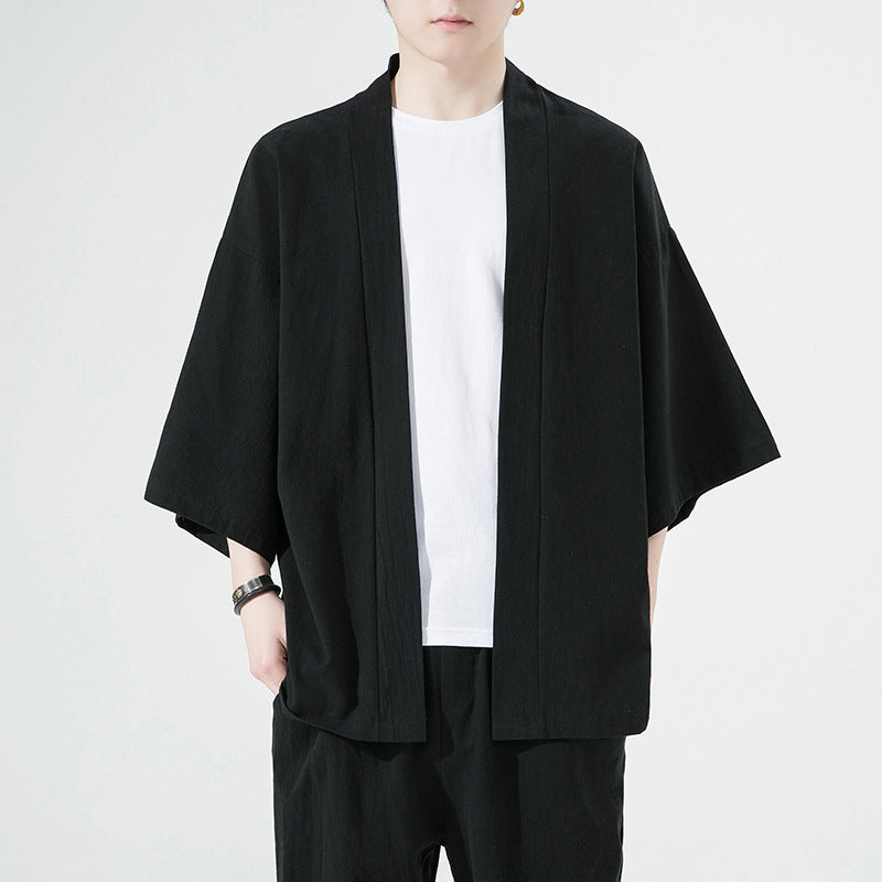 Mens Cotton-Linen Cardigan With Three-Quarter Sleeves