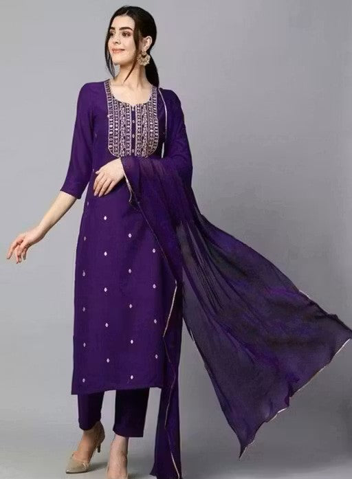 Women's Violet Cotton Blend Embroidered Straight Kurta With Trouser & Dupatta