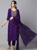 Women's Violet Cotton Blend Embroidered Straight Kurta With Trouser & Dupatta