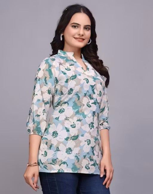 Women's Teal Floral Cotton Tunic Top