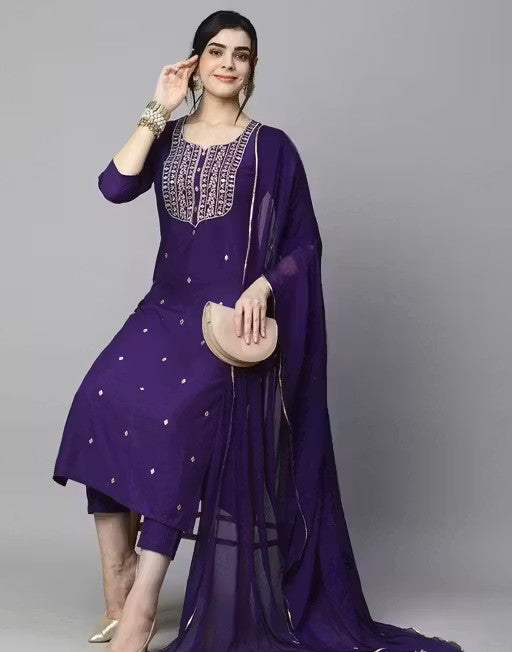 Women's Violet Cotton Blend Embroidered Straight Kurta With Trouser & Dupatta
