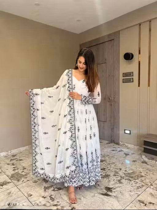 Women gown with dupatta set printed georgette fabric with floral embroidery